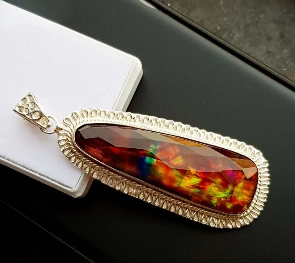 Certified 87.85 Ct Natural Ammolite 925 Solid Silver Fancy Cut Pendant Gemstone