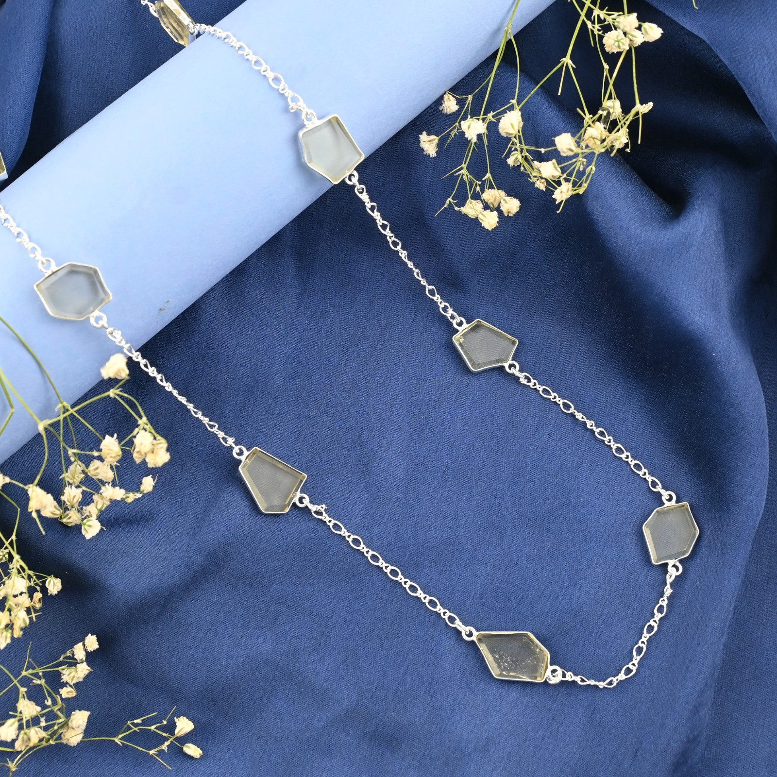 Natural Gemstone Bezel Set Link Chain Ling Necklace For Styling Best Gift Women