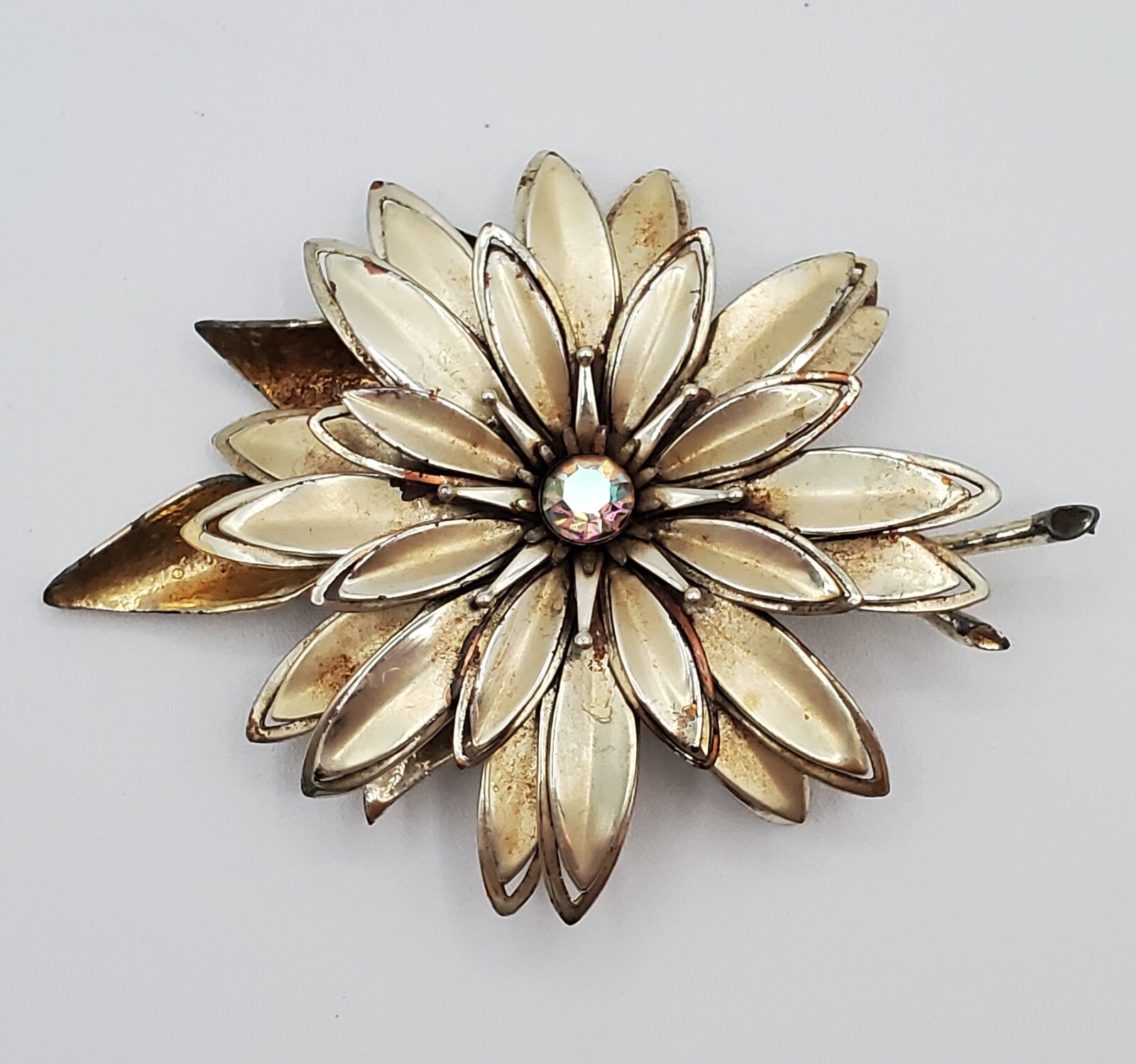 VTG Brooch 3.5in Large Gold Tone Flower Aurora Borealis 3D Layered REPAIRED READ