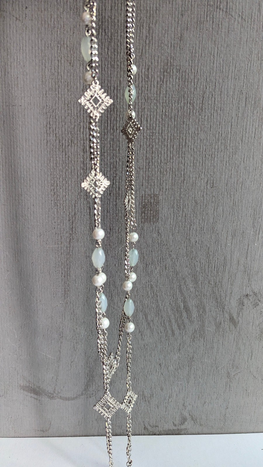 Silver Tone 2 Strand Long Necklace Faux Pearl White Beads Geometric Station 32″