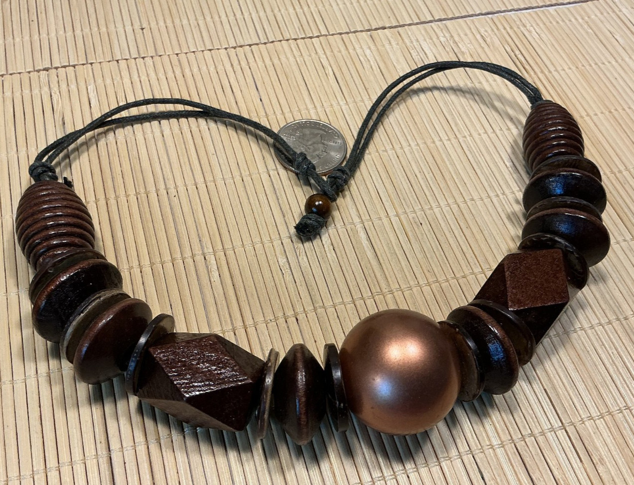 Fashion Necklace Chunky Brown Beveled Wood Copper Plastic Choker 103E