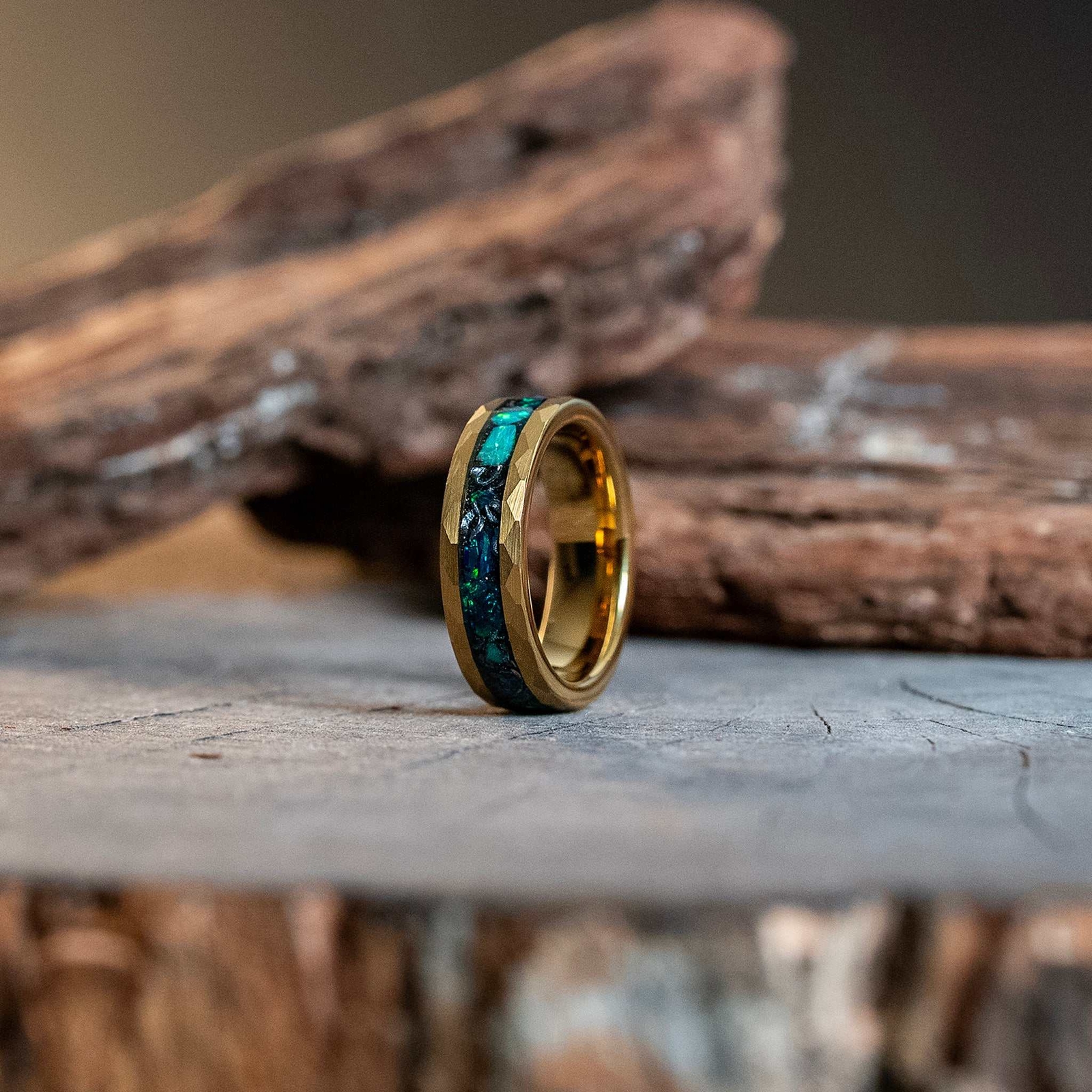 Womens Green Opal Meteorite Band Gold Hammered Tungsten Wedding Ring 6mm