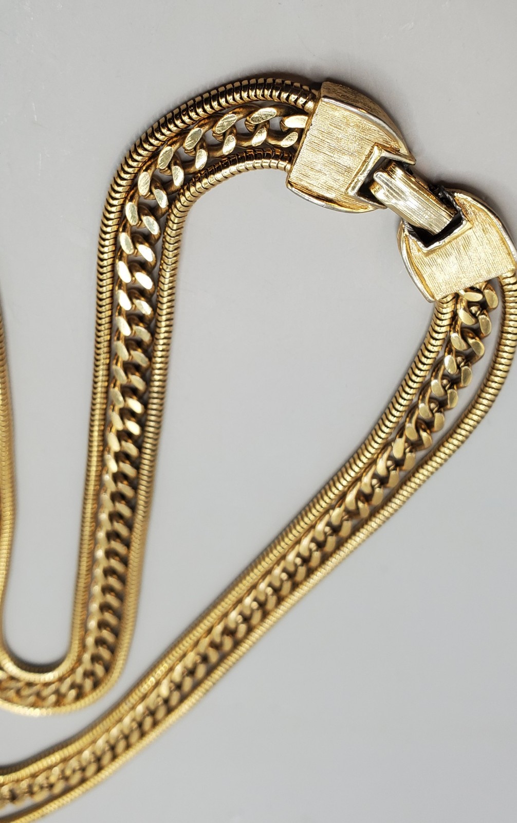 Vintage 3 Strand Curb & Snake Chain Gold Tone Layered Necklace Fold Over Clasp