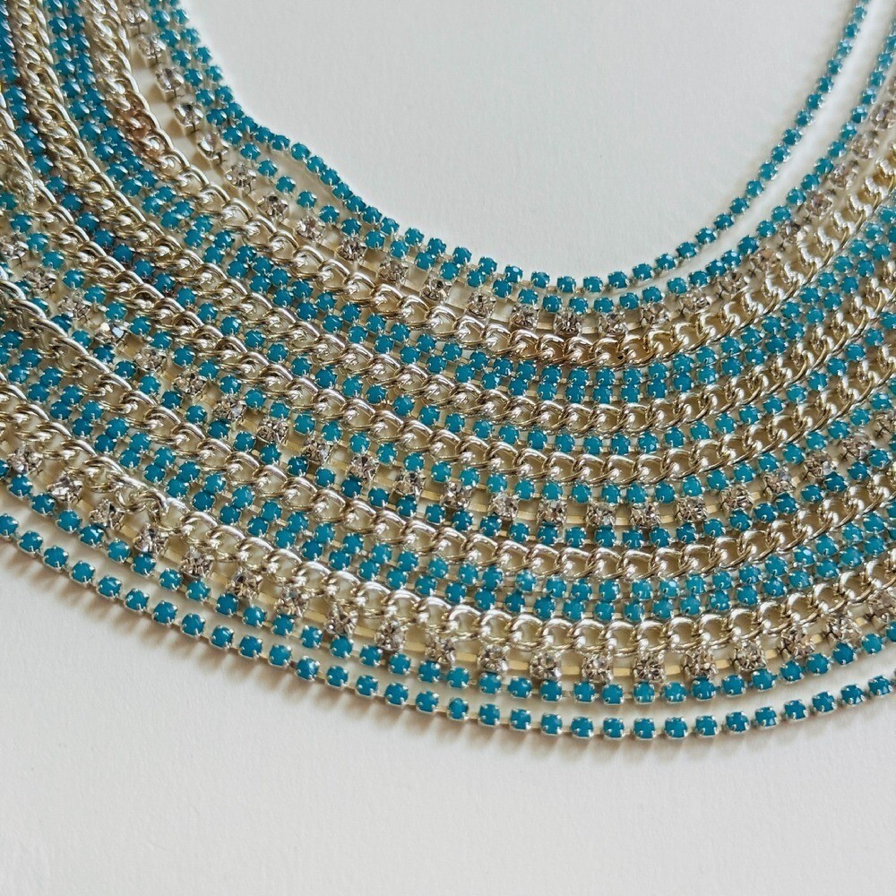 ABS Allen Schwartz Runway Necklace Blue Rhinestone Crystal Multi 19 Rows Blue