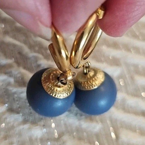Pierced Dangle Post Earrings Goldtone Hoop W/Round Blue Wood Ball 1 3/4″ L