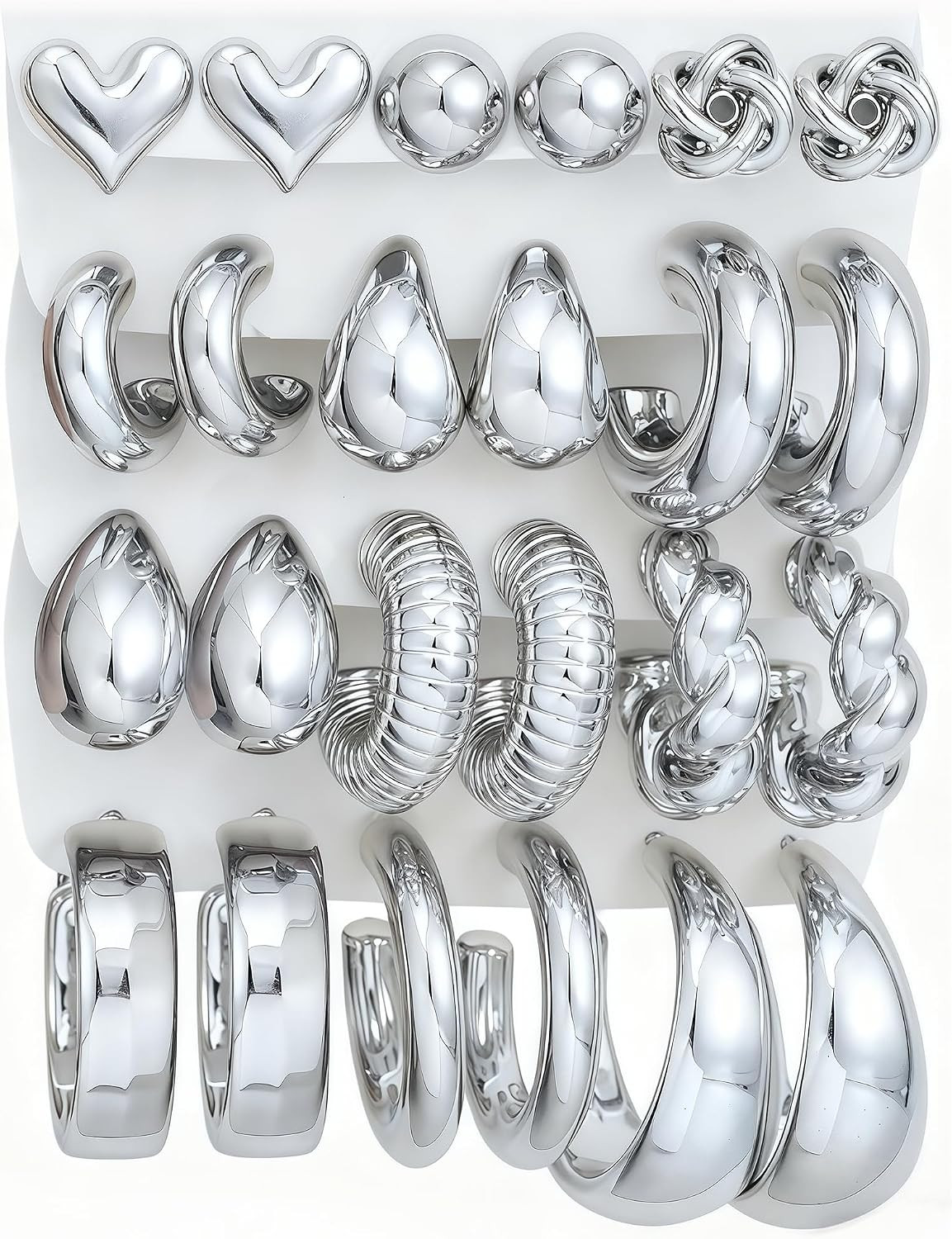 12 Pairs Chunky Silver Hoop Earrings for Women Trendy, Silver Plated Lightweight