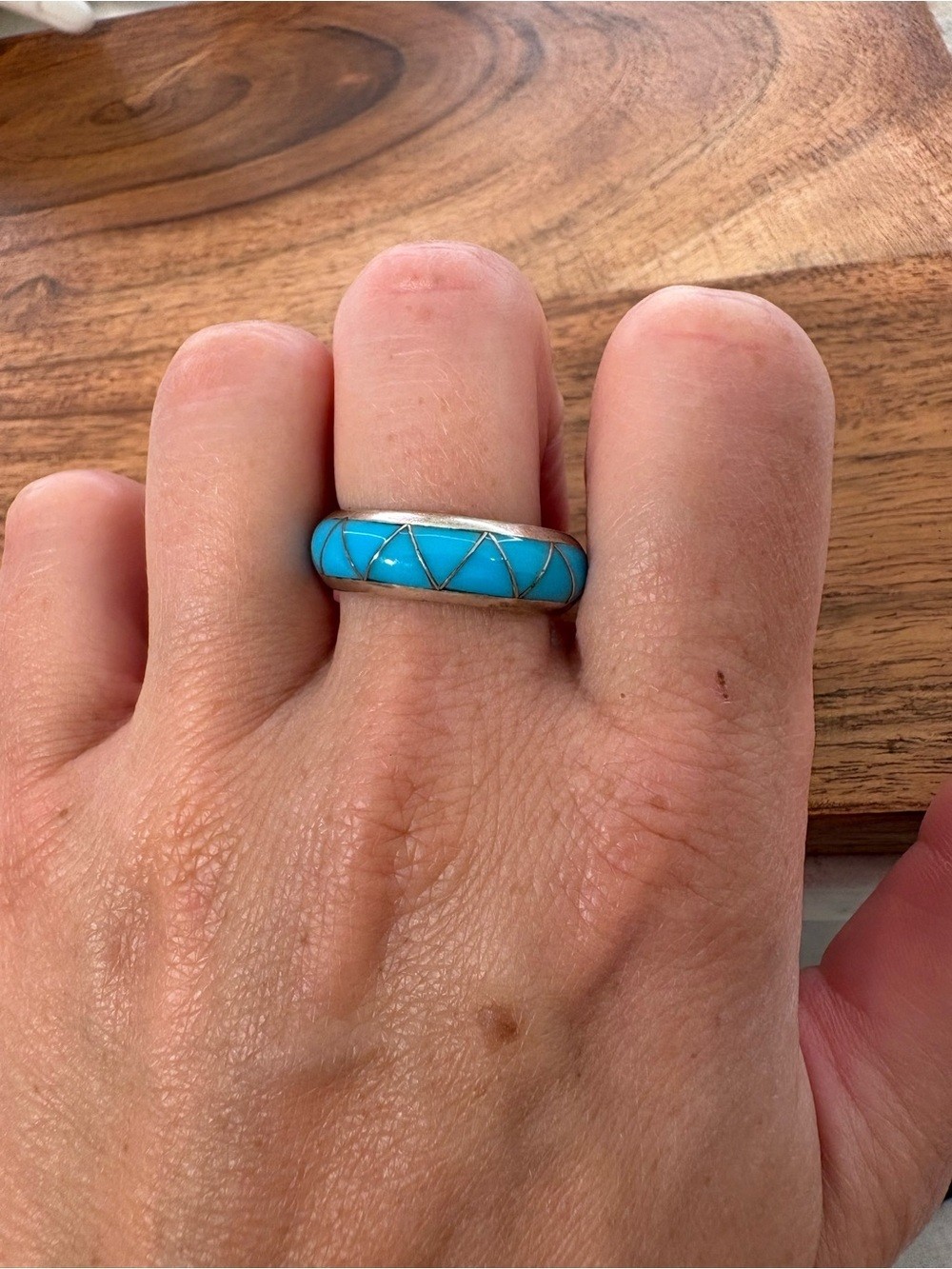 Turquoise Colored Inlay Sterling Silver Band Ring – Size 10.75