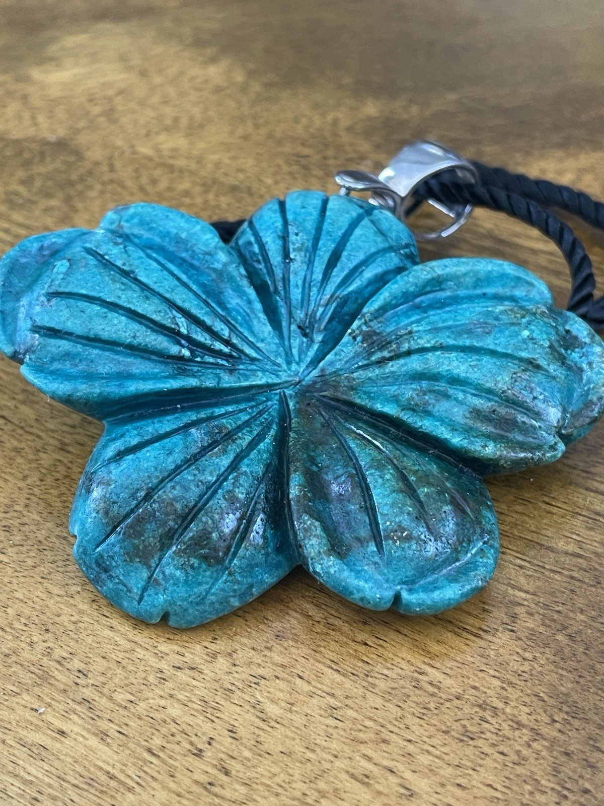 Large Carved Turquoise Look Flower Pendant. 925 Clasp On Rope