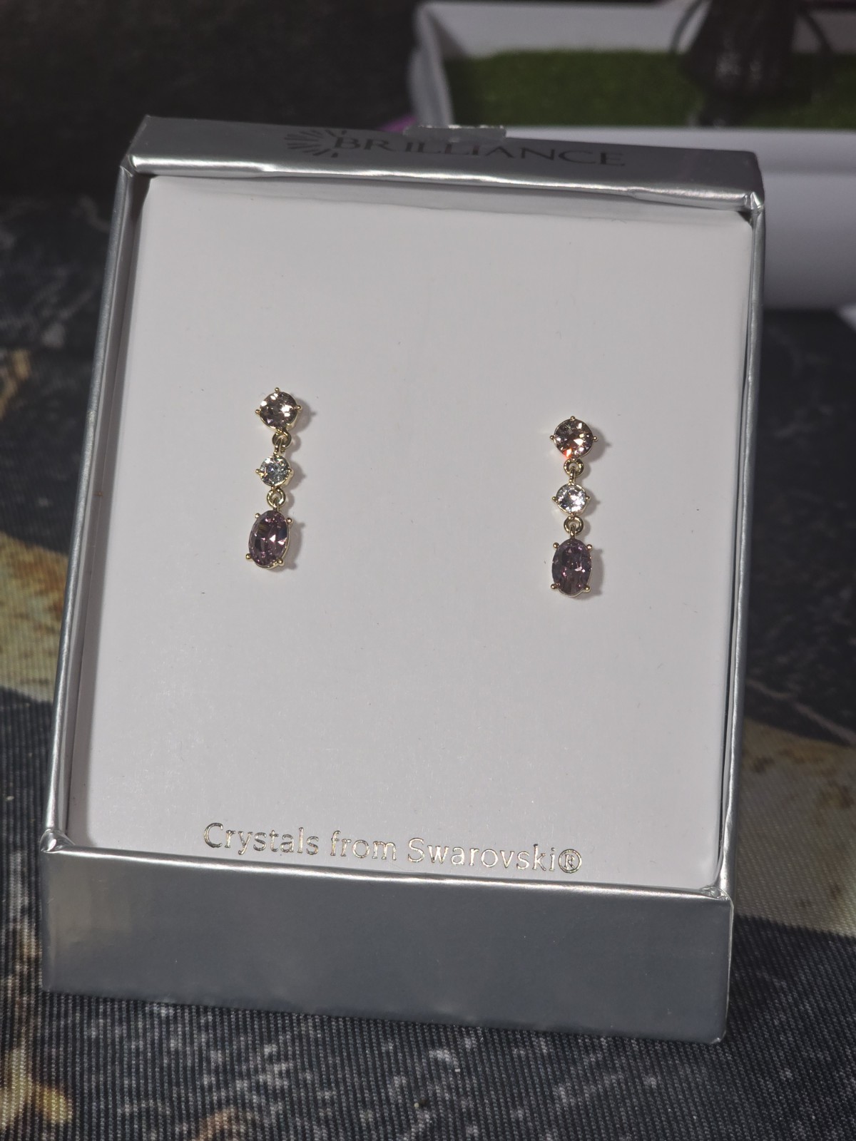 Brilliance Dangle/Drop Earrings Swarovski Crystals Purple/Clear Gold Tone