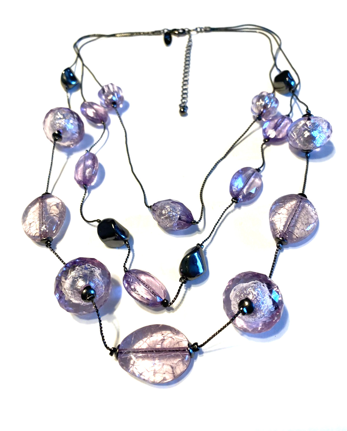 Gun Metal Multi Strand Chain Crackled Acrylic Beads 16 Inches