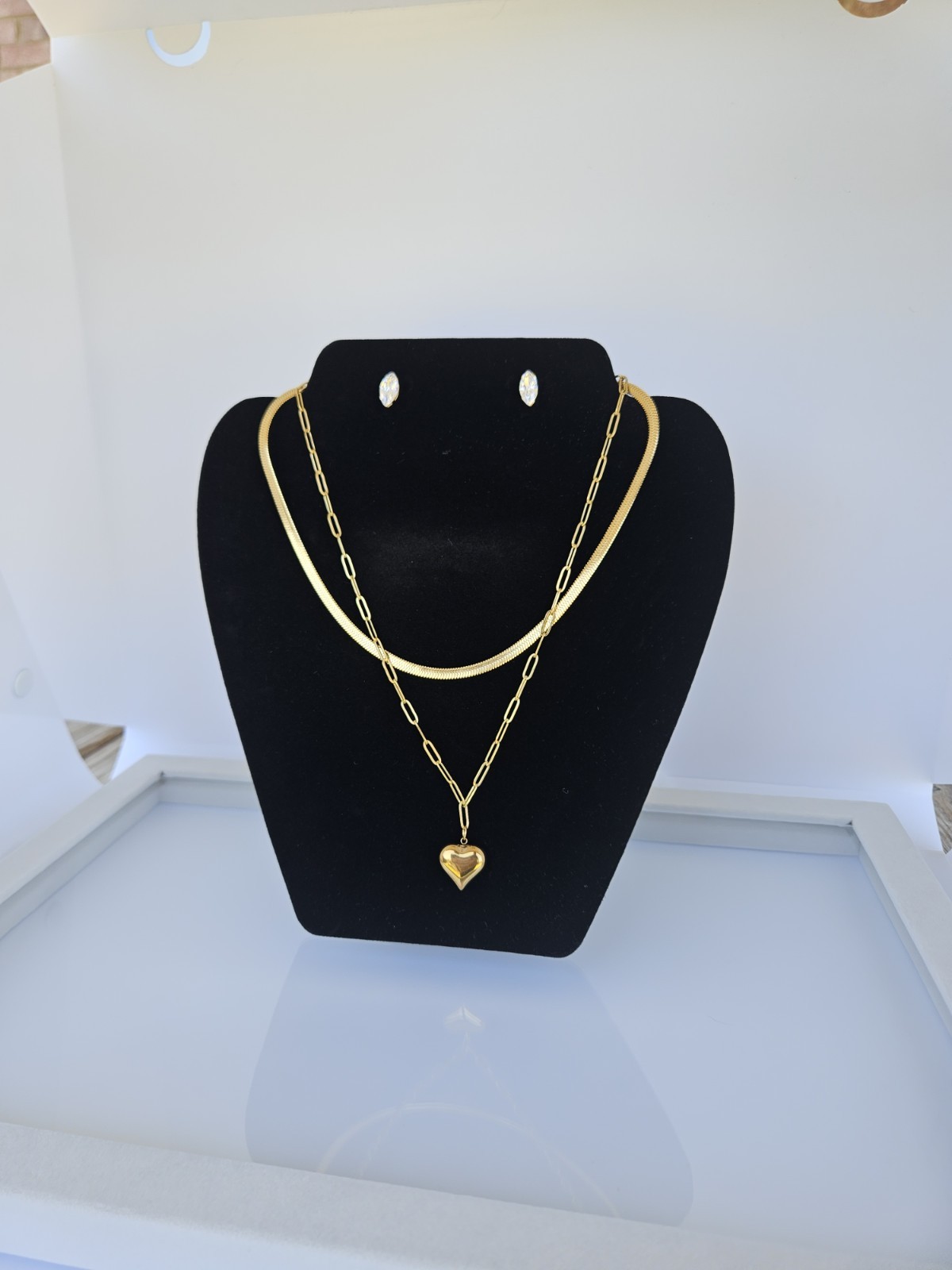 18K Gold Plated Stainless Steel Layered Heart Necklace & 3-Pair Earring Stud Set