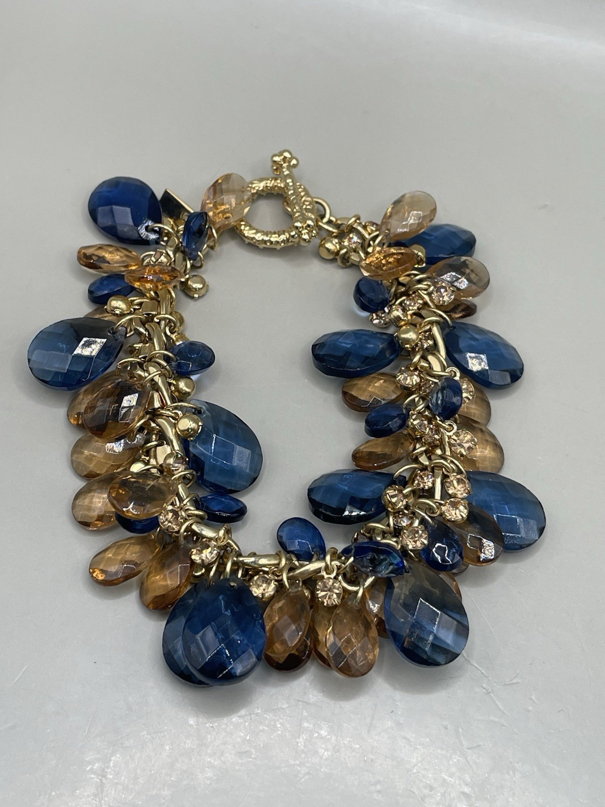 VTG Signed St John GoldTone Dangle Blue Brown Glass Beads Crystals 8” Bracelet