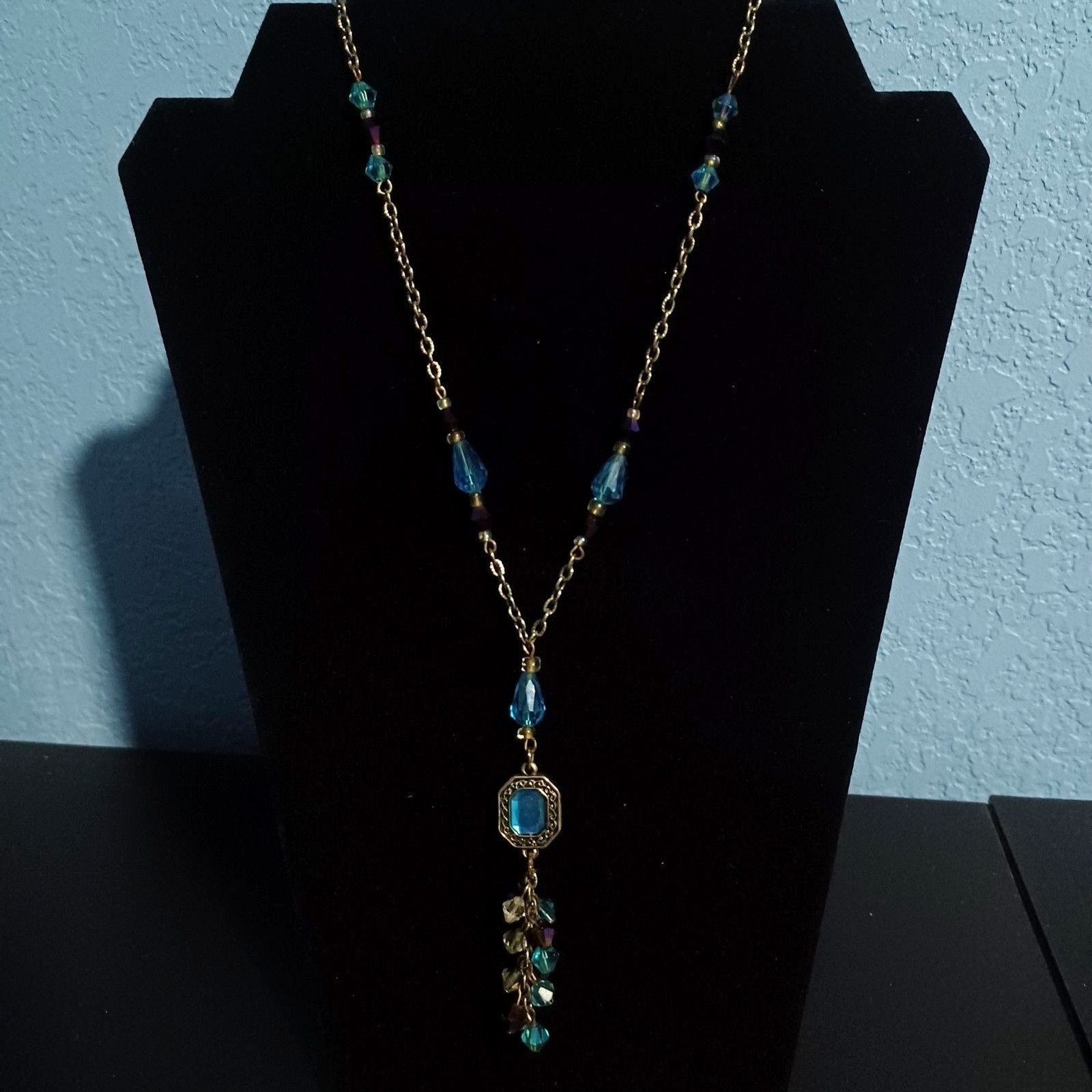 Vintage-Inspired Silver-Toned Necklace w/ Blue Glass & Crystal Beads, 16″