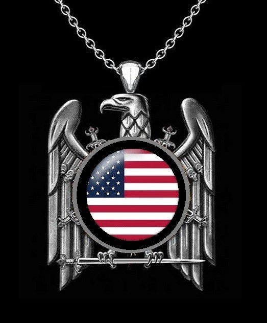 AMERICAN BATTLE EAGLE Necklace – US Flag Glass Cabochon – 24″ Stainless Chain