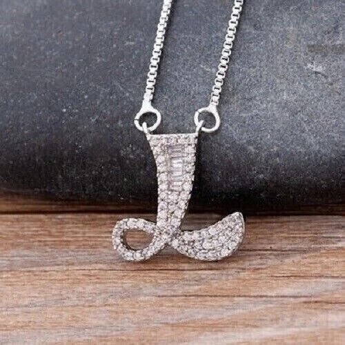 2Ct Baguette Cut Simulated Diamond L Initial Pendant In 14K White Gold Plated