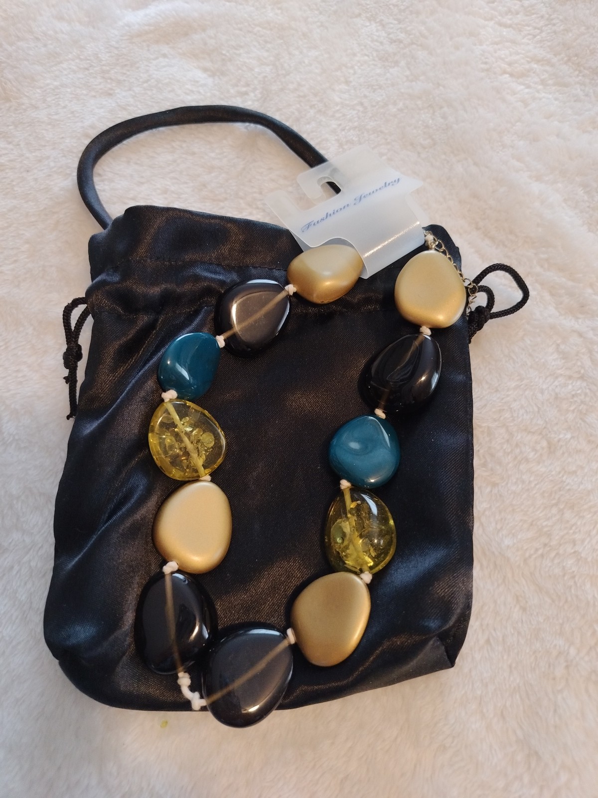 15″ Beaded Necklace w/ Black Bag- Gold, Yellow, Turquoise, Brown