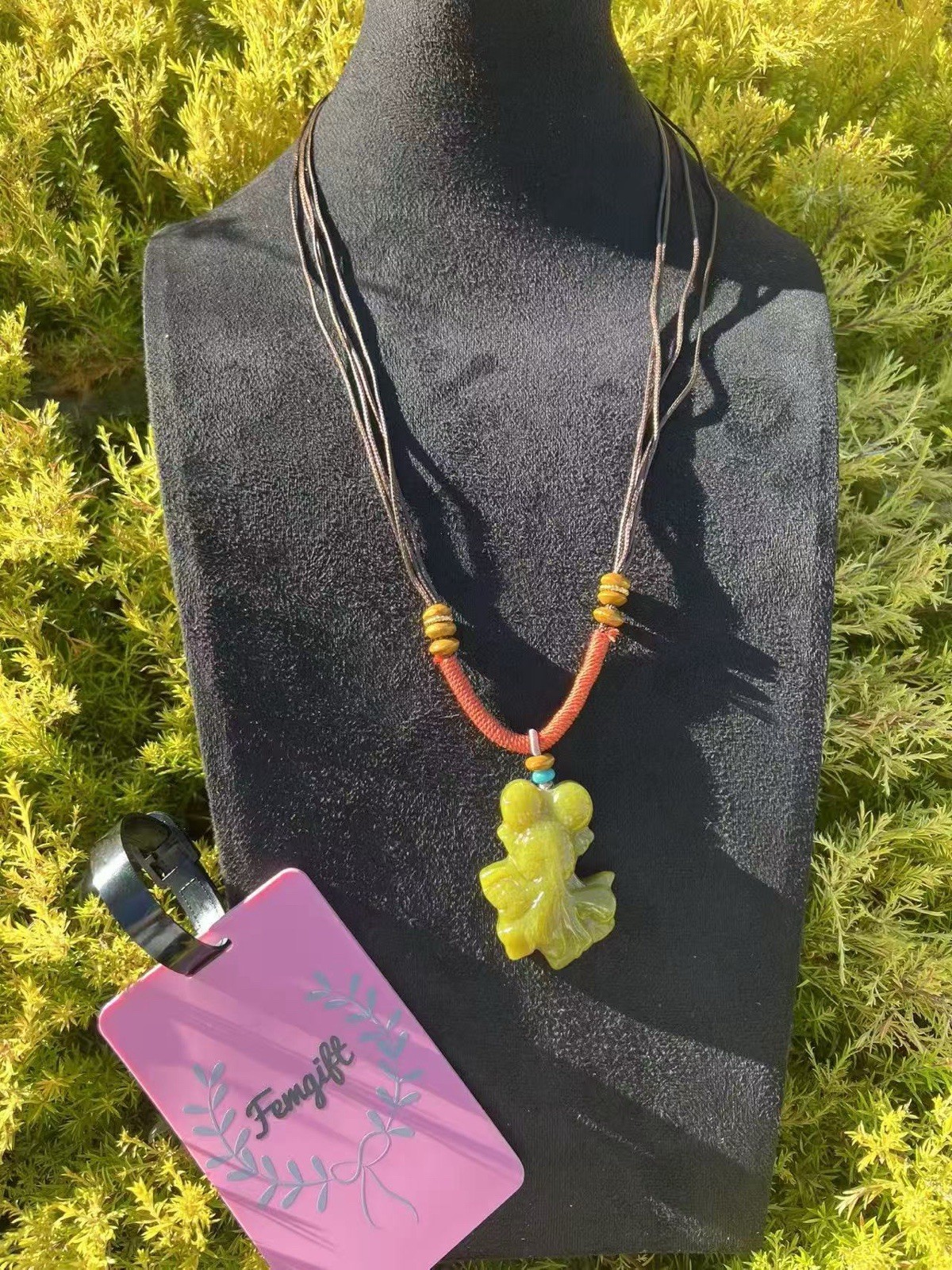 A01-1 Handcrafted olive green Koi Fish necklace