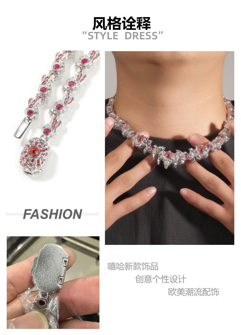 Hip Hop Jewelry Red Eye Bramble Chain Necklace Gold Filled CZ Zircon Accessories