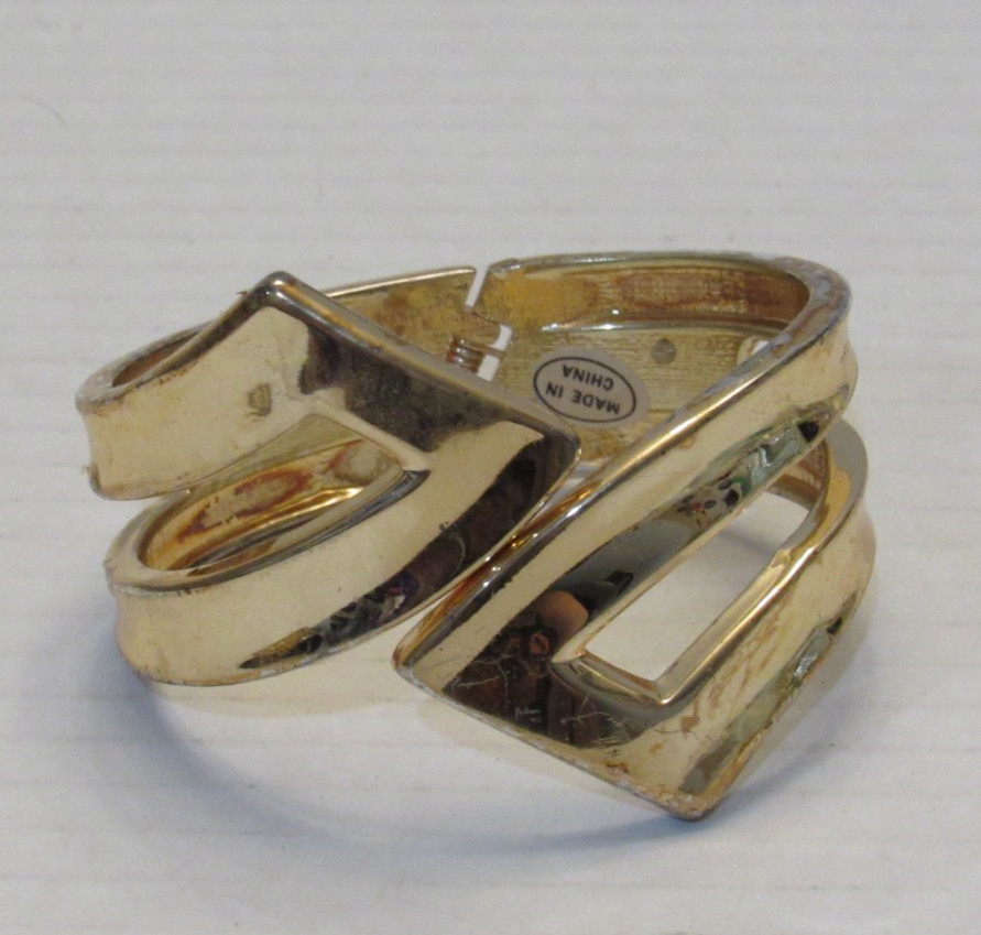 Gold Tone Geometric Hinged Cuff Bracelet Angular Sculptural Bypass Statement