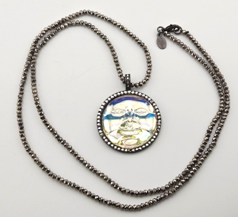 Kirks Folly Seaview Water Moon 35mm Pendant on Beaded Necklace Hematite/ AB #90