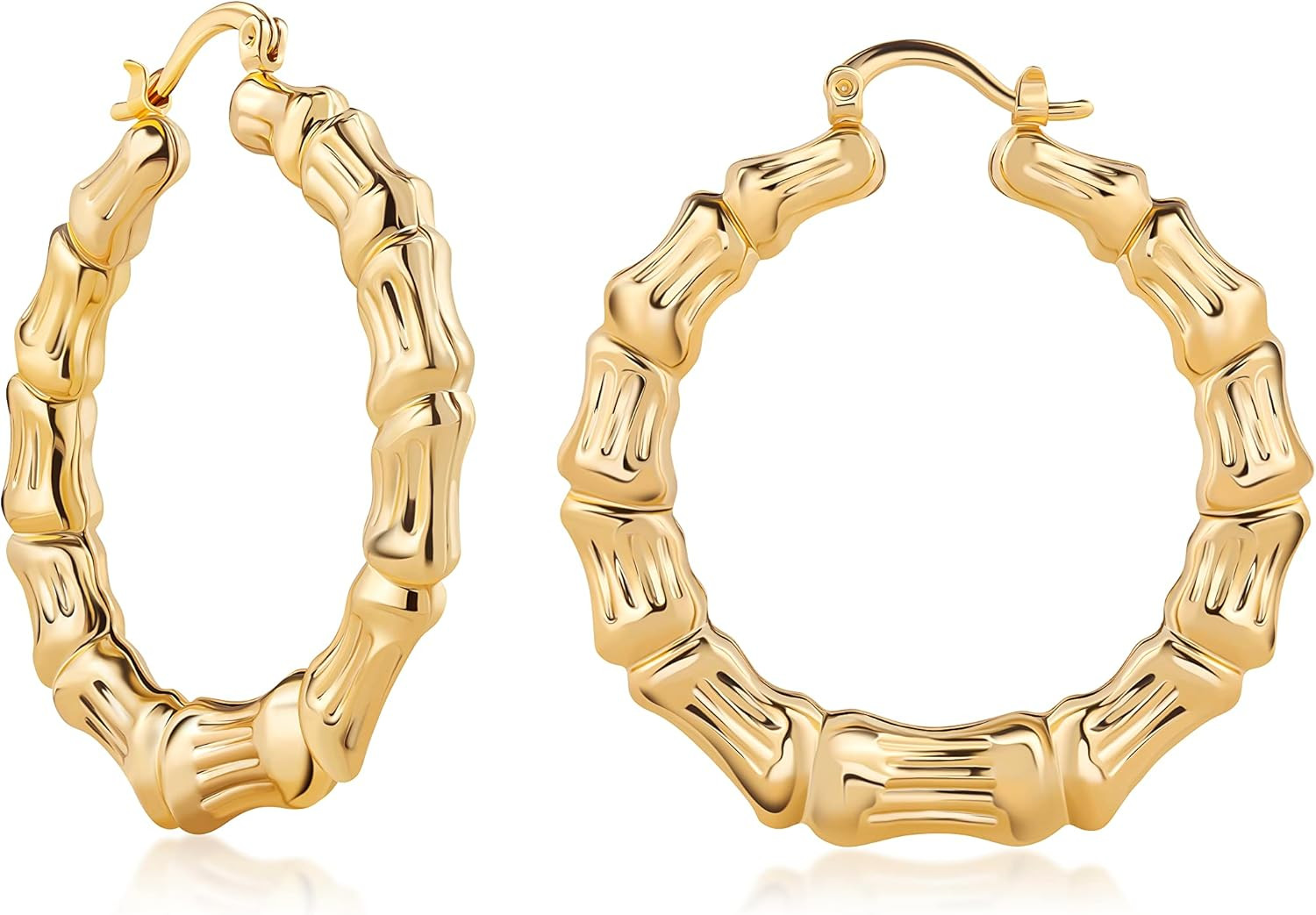 18K Gold Plated Bamboo Hoop Earrings for Women, 40MM X 40MM – Made in Brazil