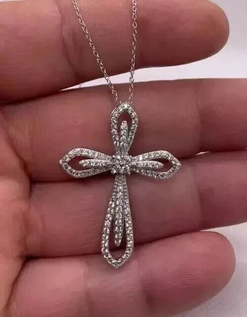 2 Ct Round Cut Simulated Diamond Women’s Cross Pendant In 14K White Gold Plated