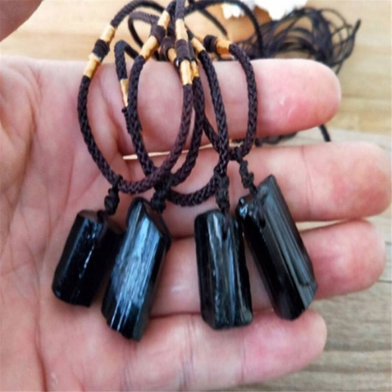 Women Men Black Natural Tourmaline Stone Pendant Necklace Crystal Gem Specimen