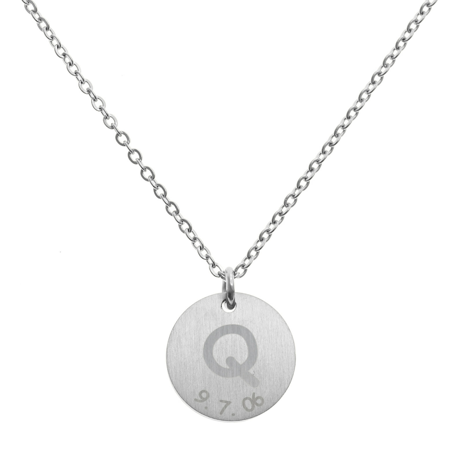 Engraved Silver Metal Initial Letter Disc Pendant Chain Necklace 18.5in-2.5in