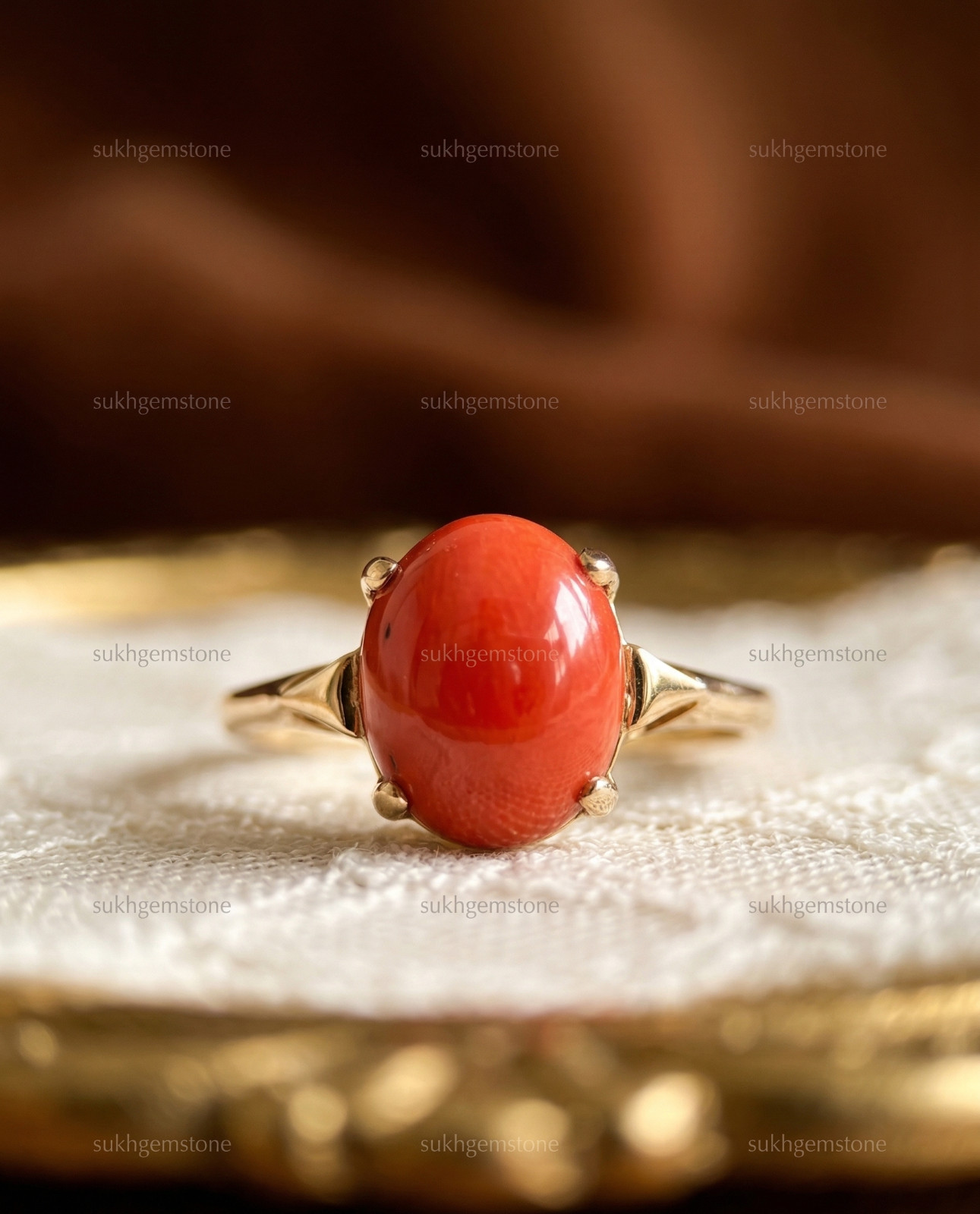Red Coral Ring, Brass Gold Alloy , Birthday Gift Her, Women Ring