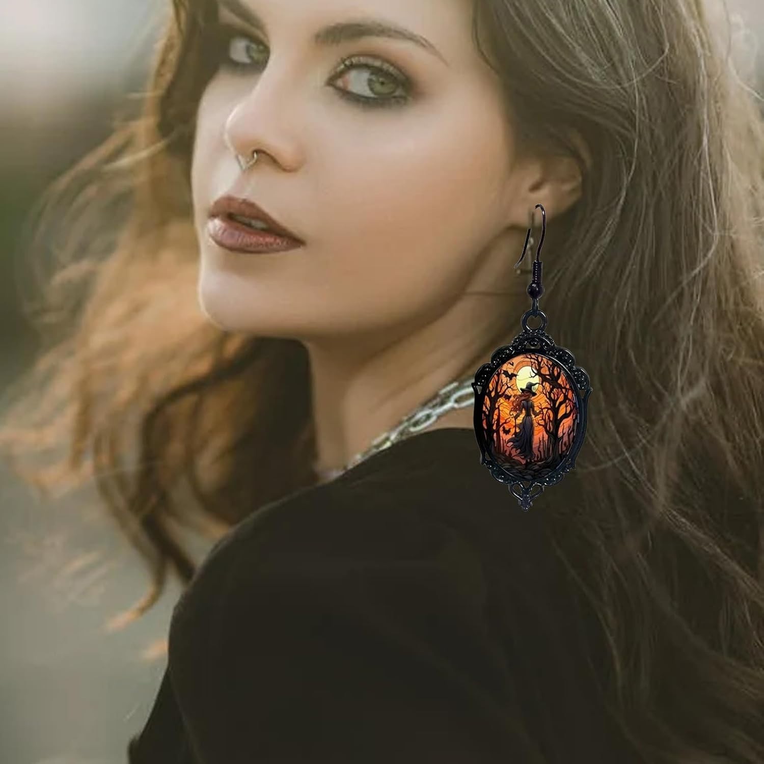 Elegant Gothic Witch Cameo Dangle Earrings – Crystal Glass Fashion Jewelry