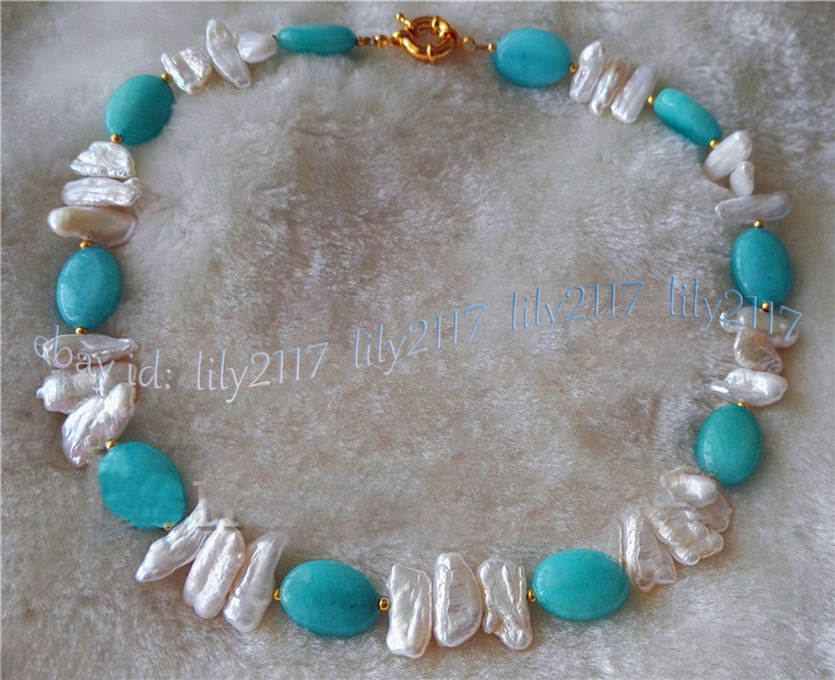 Charming 13x18mm Blue Turquoise White Cultured Freshwater Pearl Necklace 16-28″