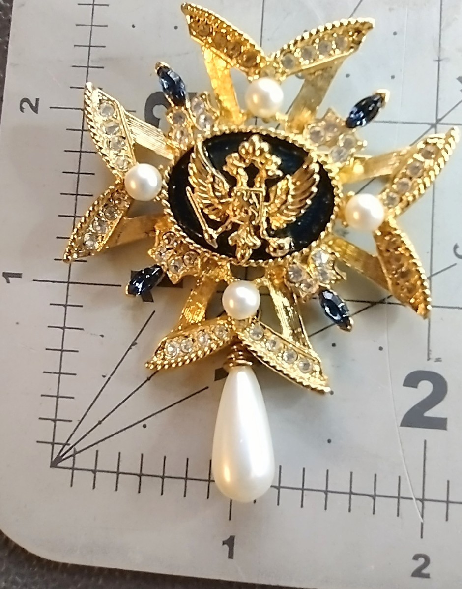 Vtg Russian Maltese Cross Brooch Pin Pendant Blue Enamel Rhinestone Faux Pearl