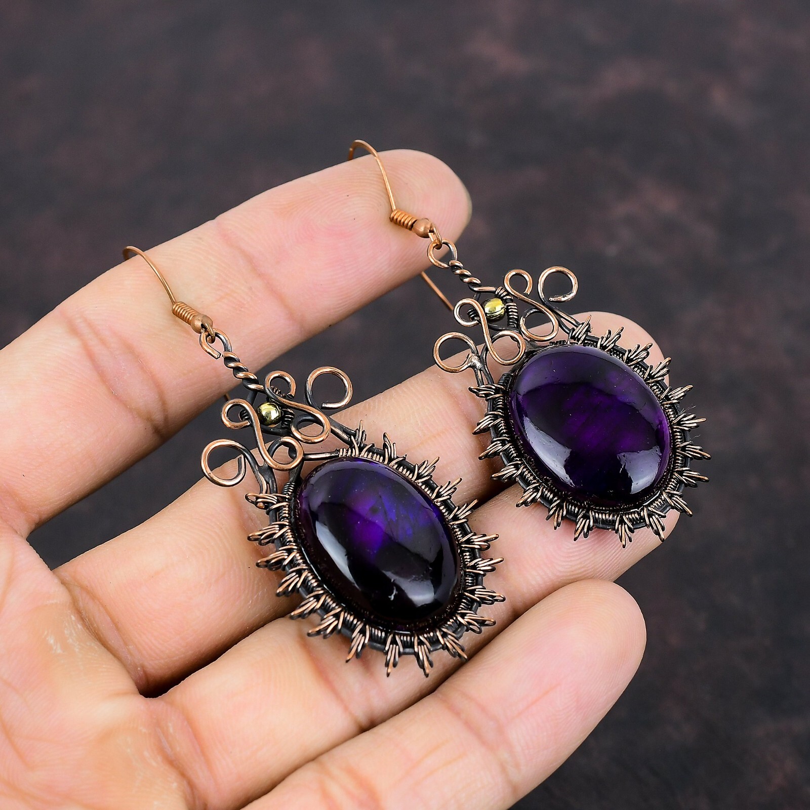 Purple Fire Labradorite Wire Wrapped Drop/Dangle Earrings Copper For Girls 2.91″