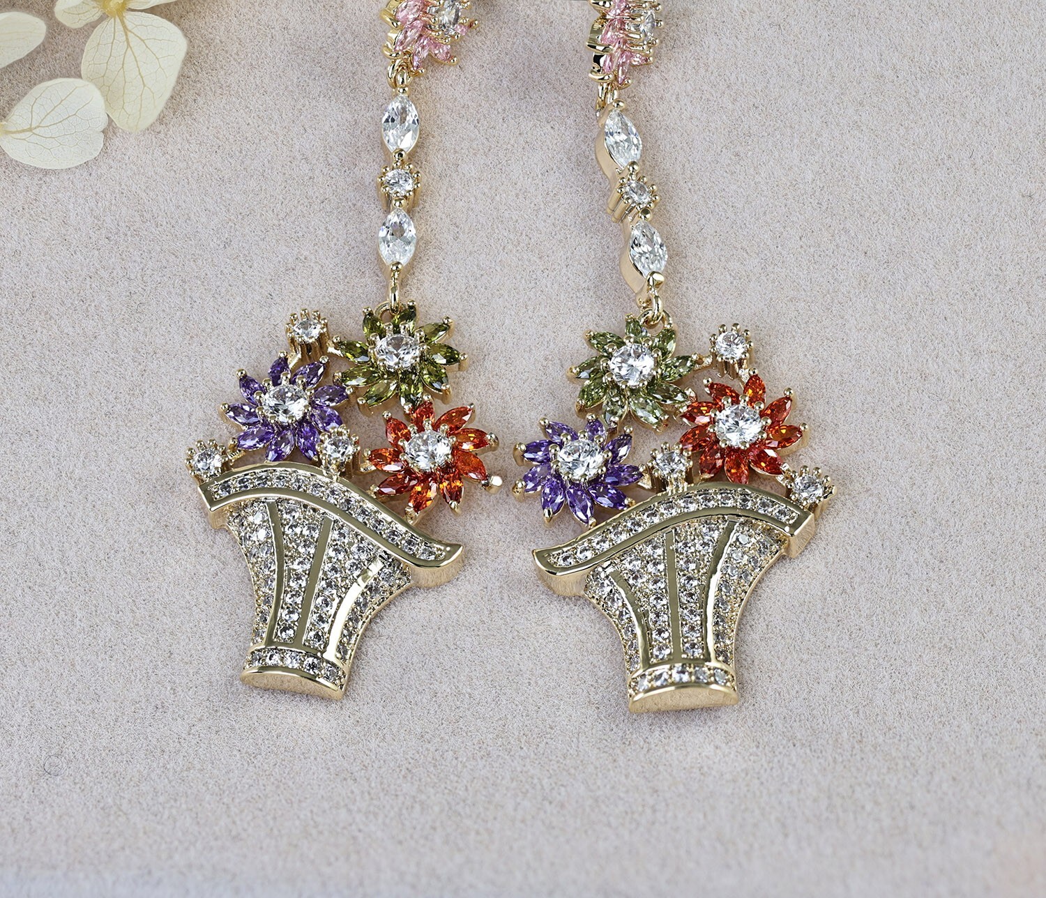 Flower Basket Multi-color CZ Cubic Zirconia Dangle Chandelier Stud Earrings N117