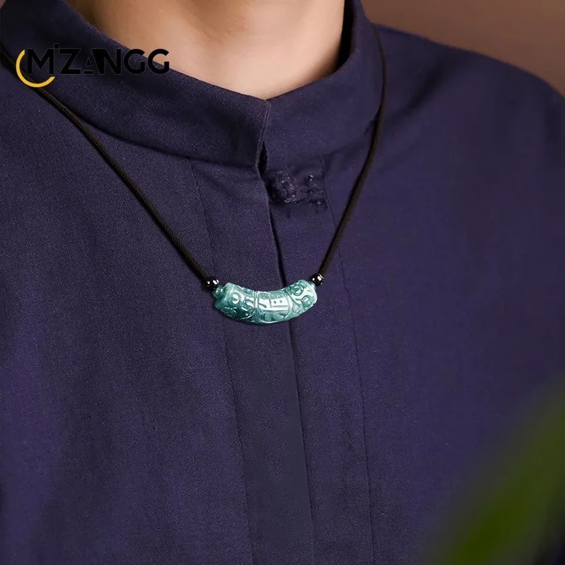 New Natural Grade A Jade Blue Green Jadeite 福 Tube Pendant Necklace