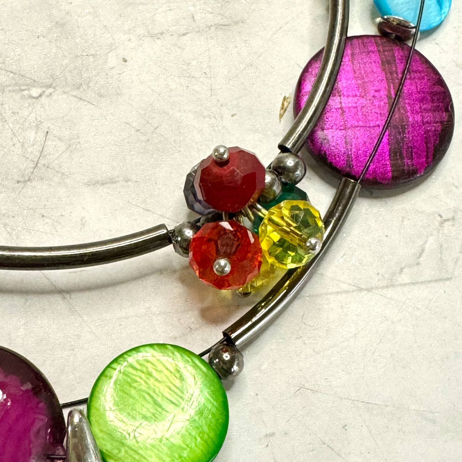 Ikita Glass Bead Necklace Two Strand Disc Stations Black Tone Metal Colorful