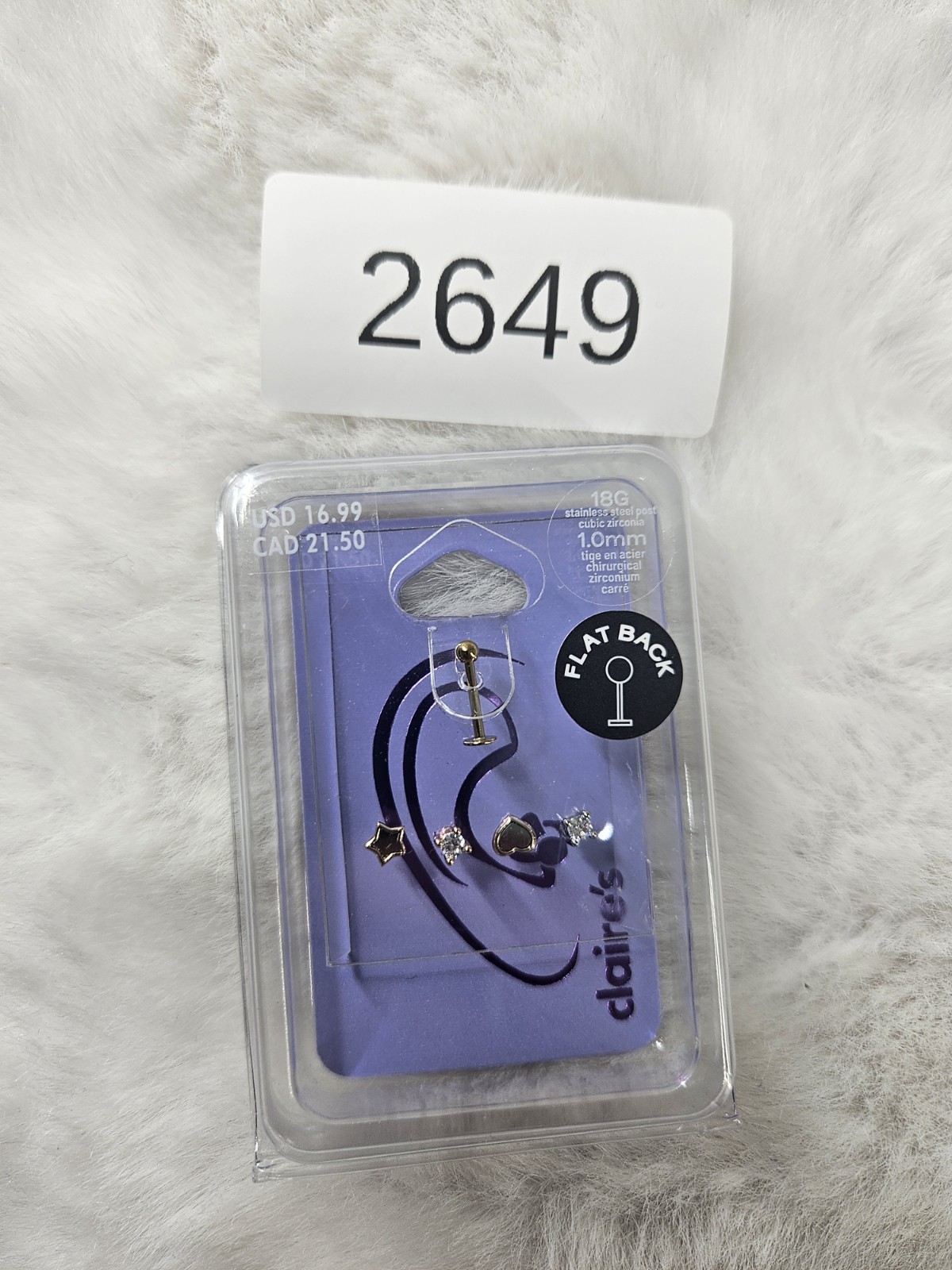 Claire’s Flat Back Cubic Zirconia 18G 1.0mm Earrings Stainless Steel NWT