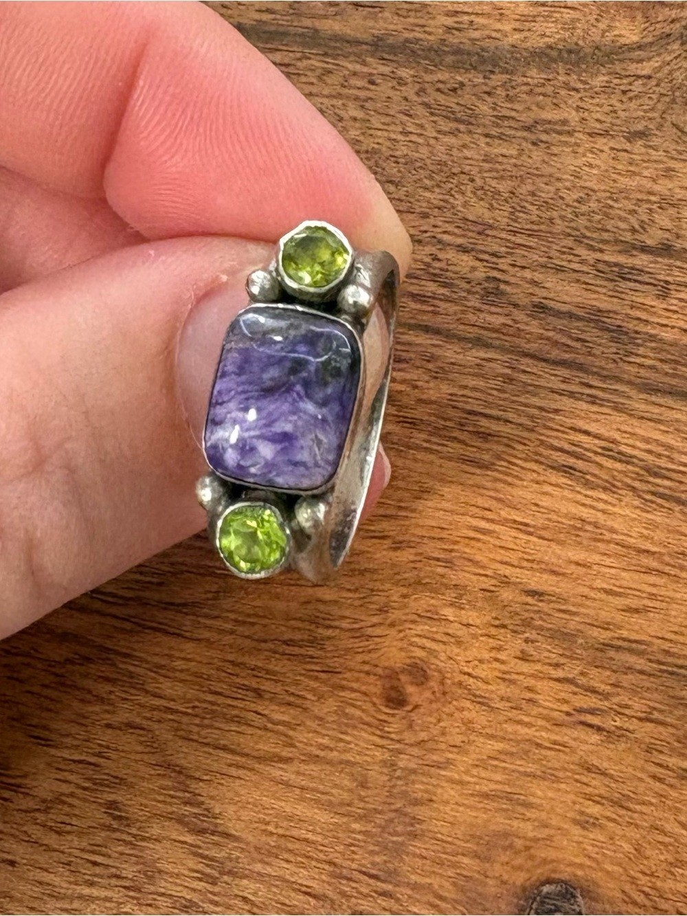 Bohemian Inspired Sterling Silver Ring with Purple and Green Stones – Size 7.5