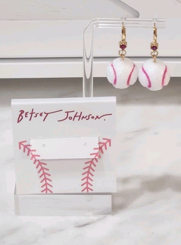 NWT! Betsey Johnson Pink & White Baseball Dangle Game Day Sparkle Earrings