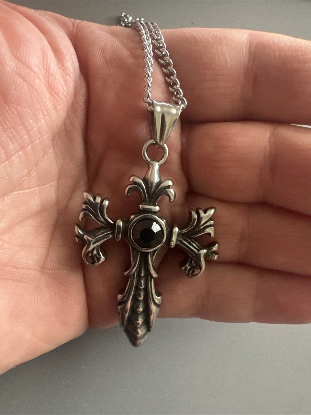 Cross Chain Pendant Double Sided Stone Viking Gothic Vintage Stainless Steel 24”