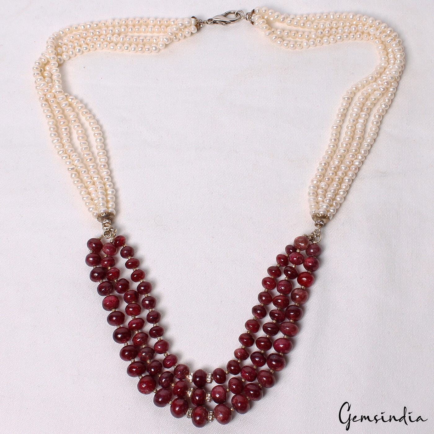 790 Ct Natural Ruby & Pearl Multi Strand Rondelle Beads Handmade Necklace 28 In