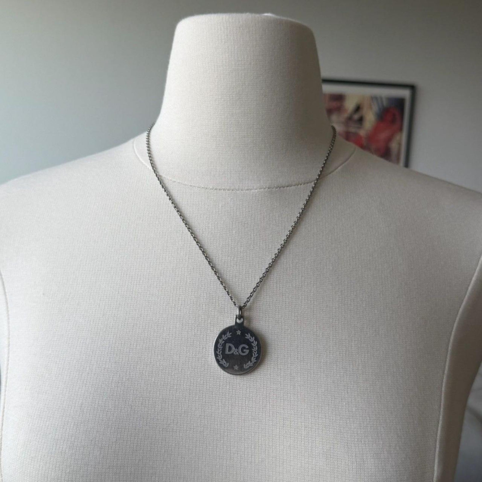D&G Dolce & Gabbana Silver Logo Medallion Pendant Necklace