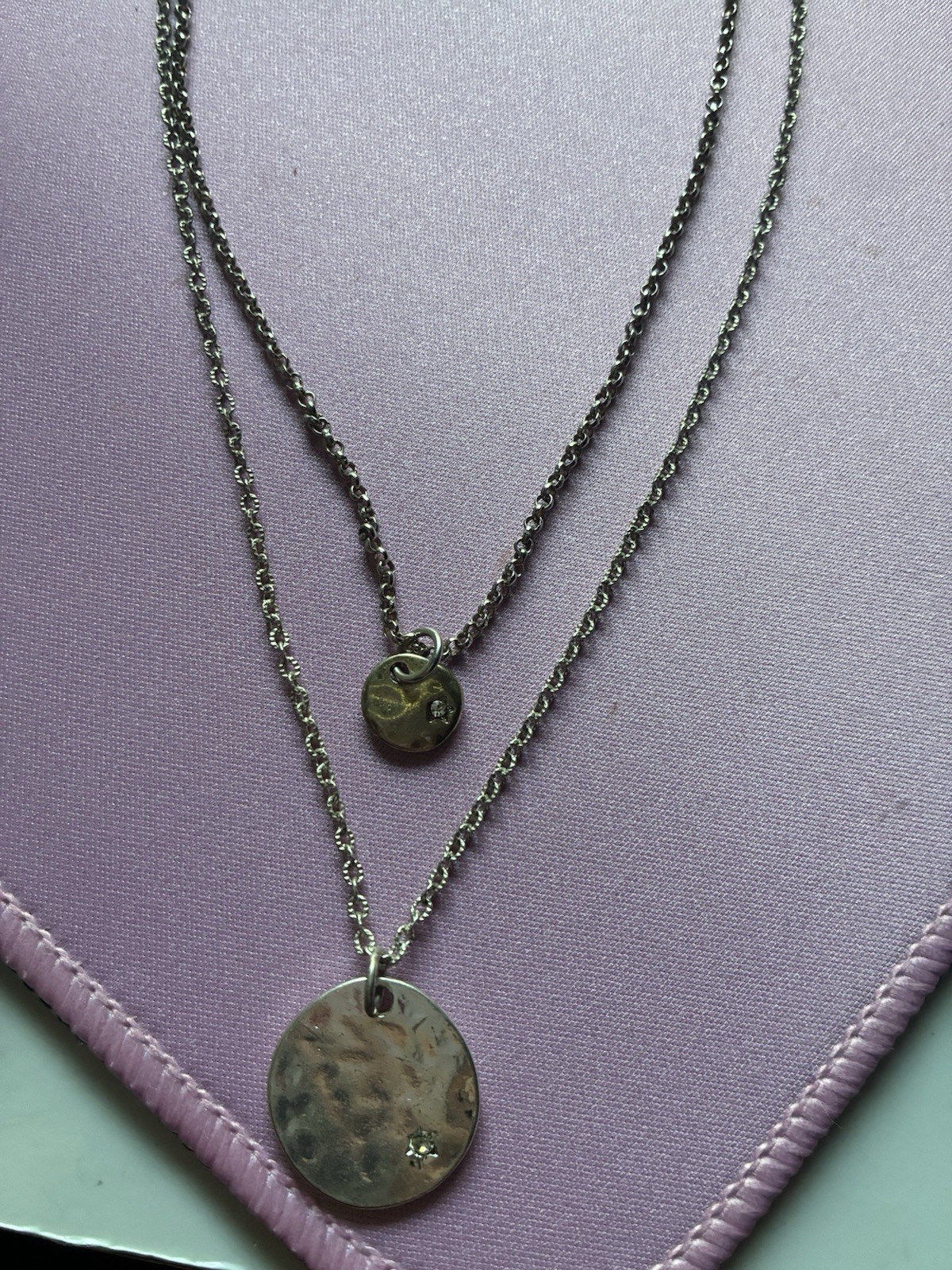 Silver-Tone Layered Double Cable Chain Necklace Round Disc Charms Signed