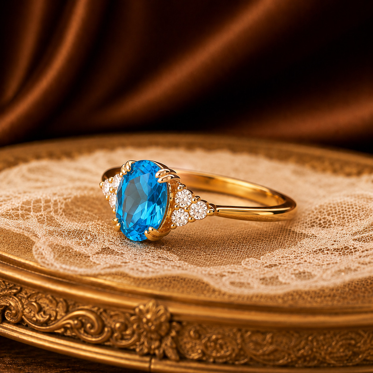 Blue Topaz Ring, Brass Gold Alloy , Birthday Gift Her, Women Ring