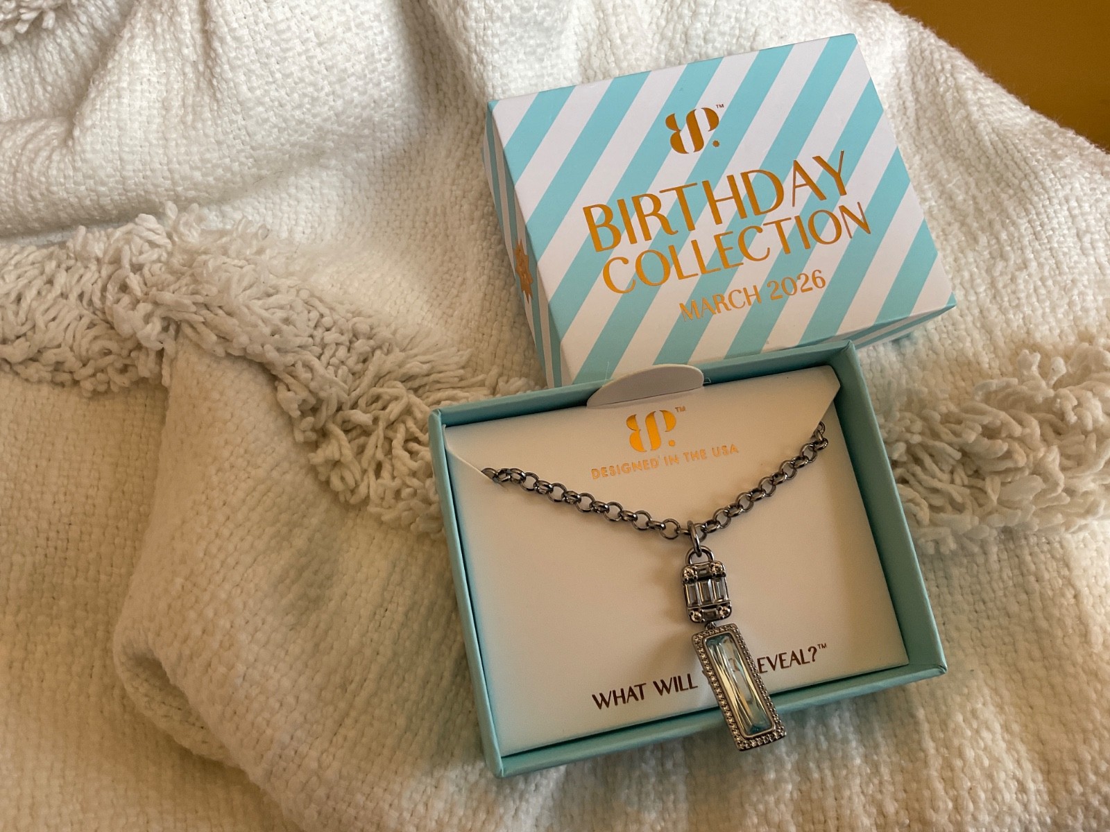Bomb Party March 2026 Necklace “Countless Blessings” Rhodium Aquamarine