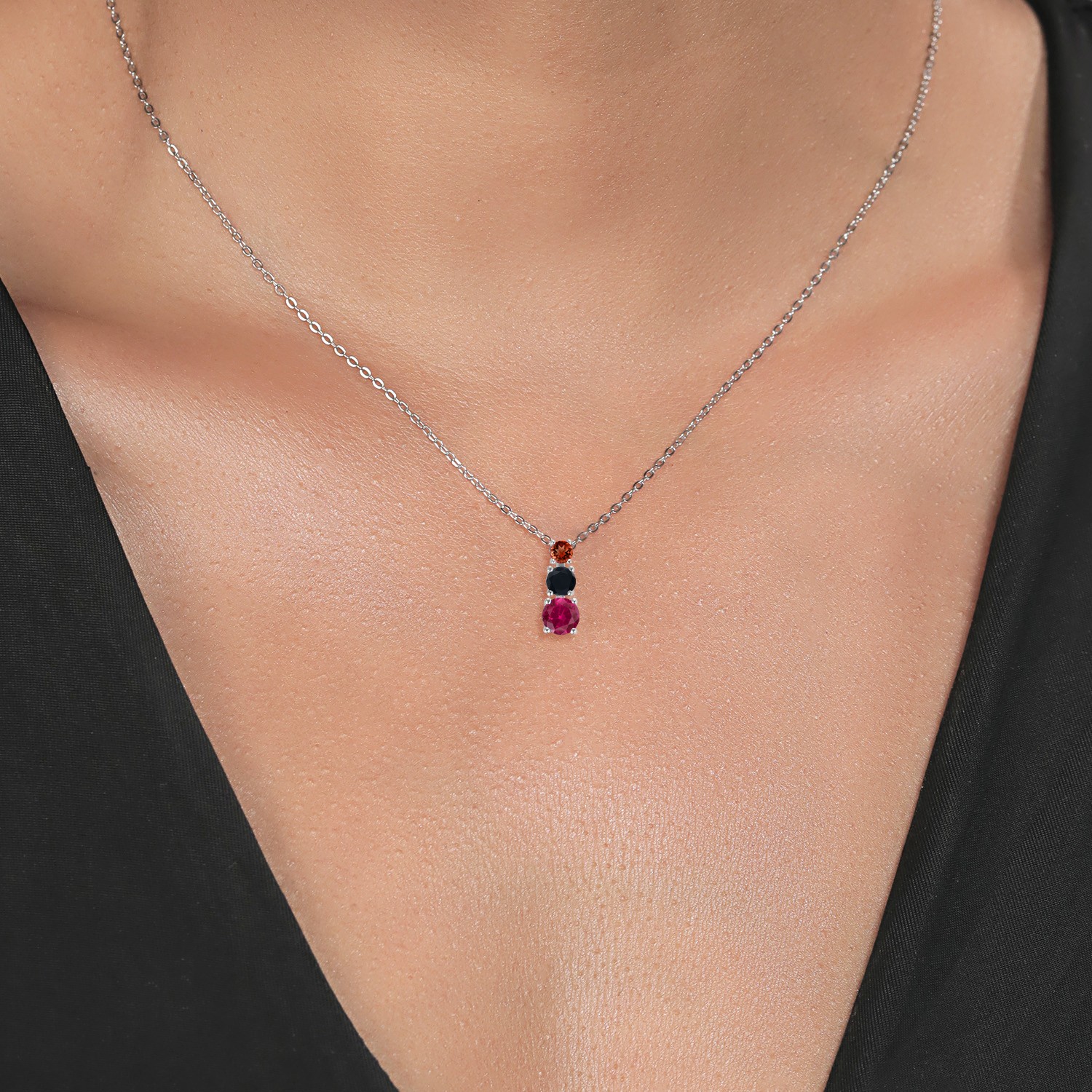 0.97ct Created Ruby Onyx Rhodium Plated 3 Stone Pendant for Women & Chain
