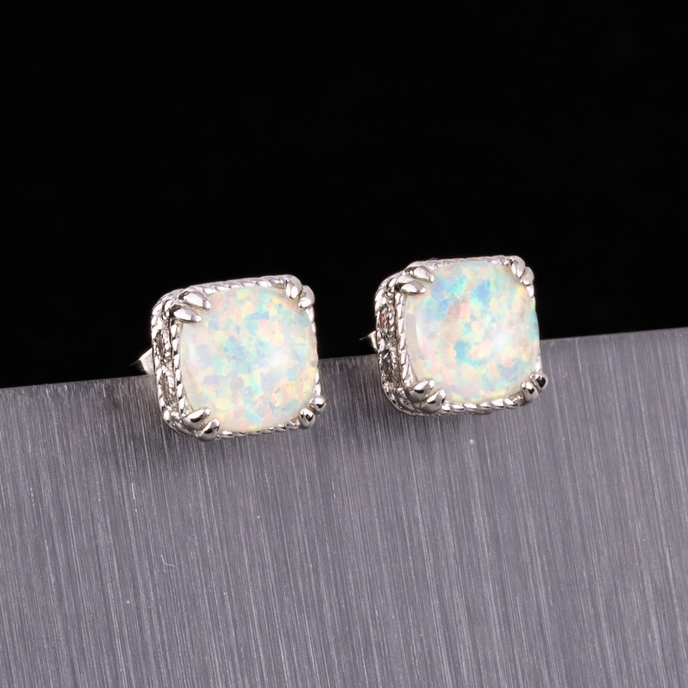 8×8 Cushion White Fire Opal Cabochon Silver Jewelry Simple Stud Earrings