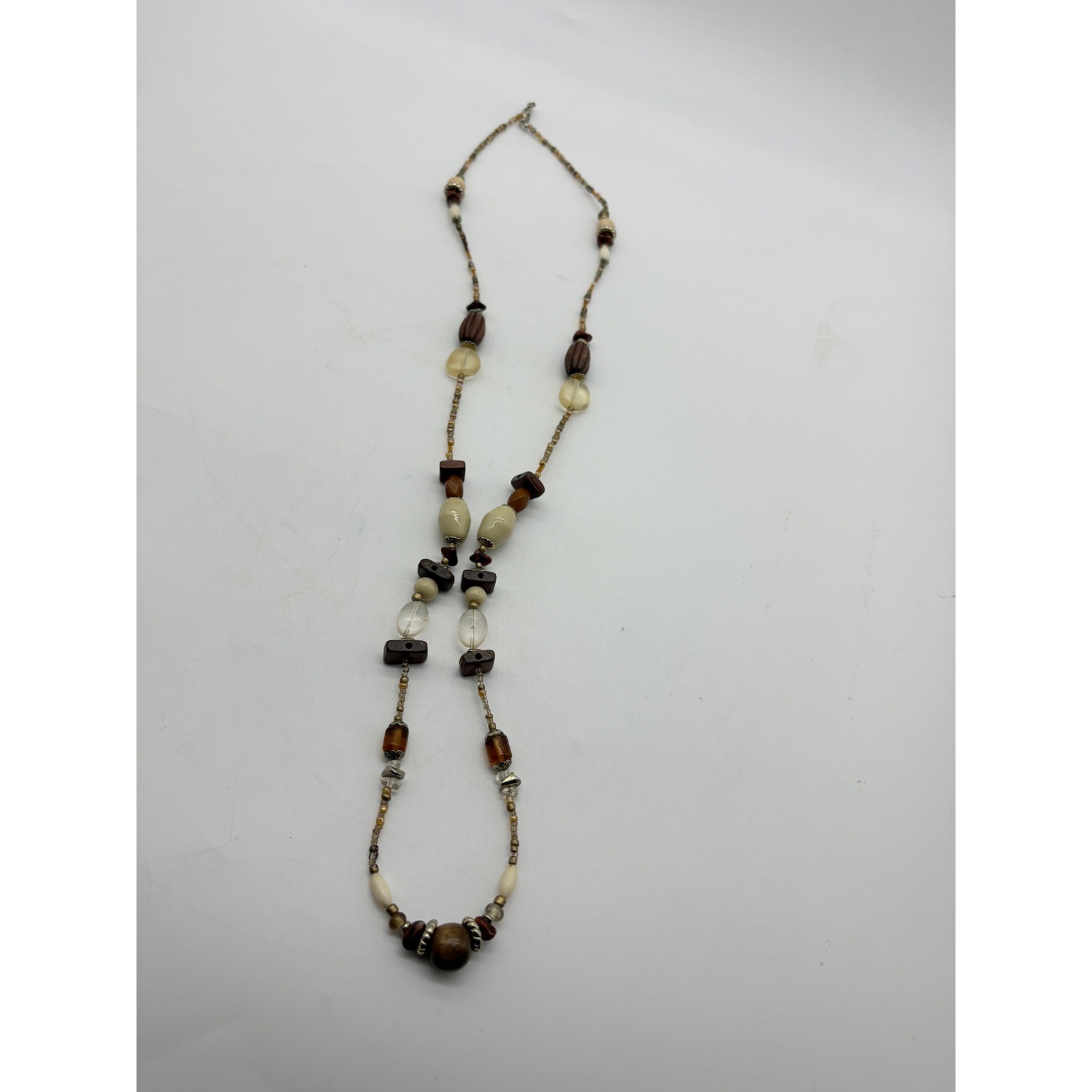 Bohemian Long Beaded Necklace Brown Cream Earthy Tones Mixed Media 36 Inch