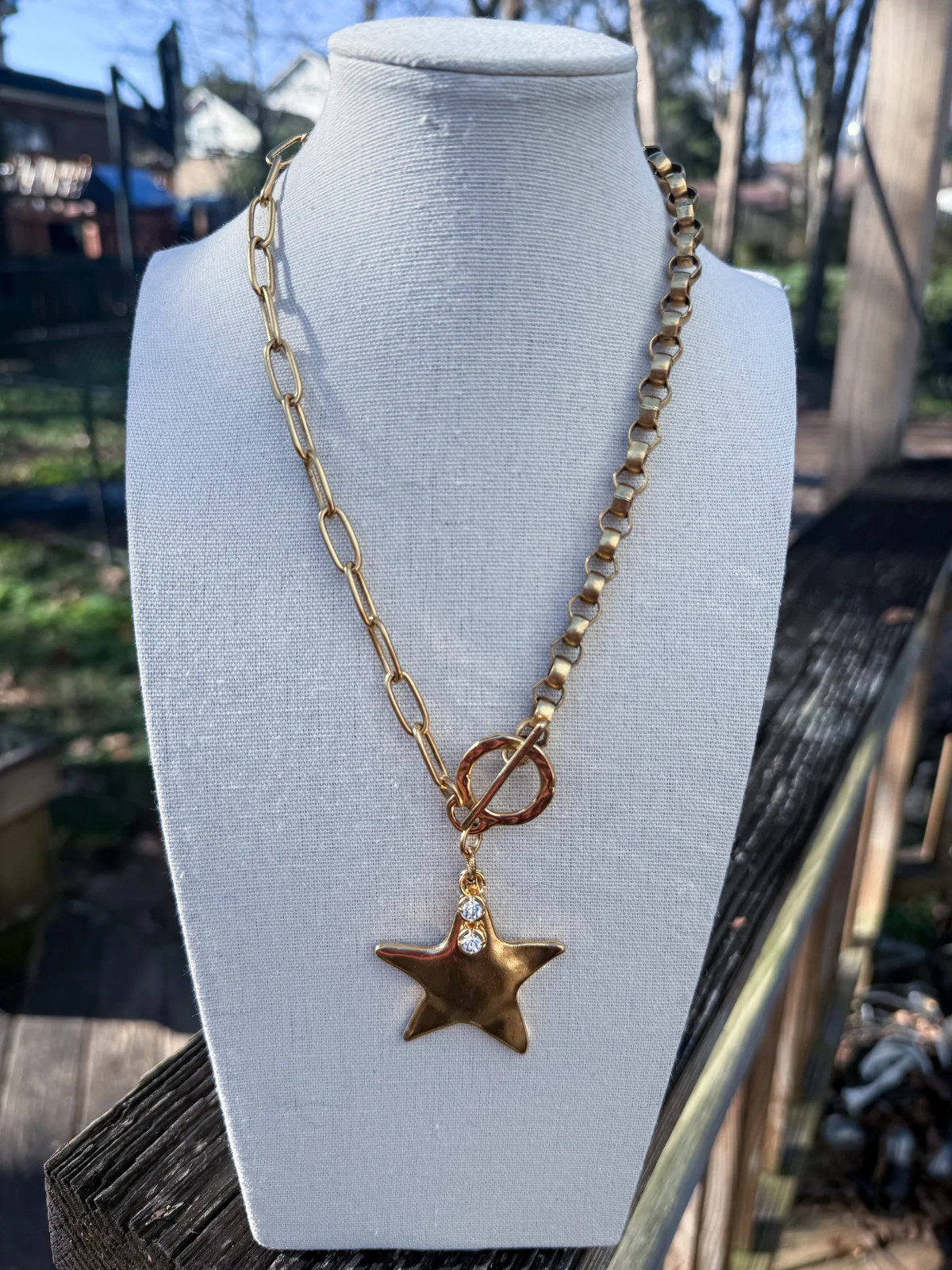 Celestial Gold Star Pendant Necklace Mixed Paperclip Rolo Chain Toggle 12k Finis