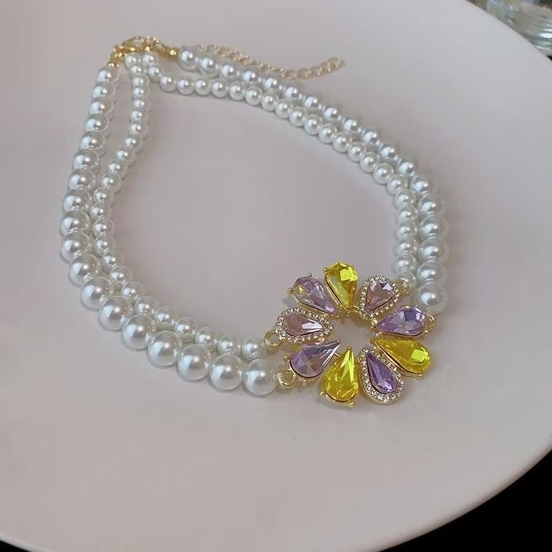 Gold Alloy Jewelry Set Strand Imitation Pearl Necklace Zirconia Floral Earrings